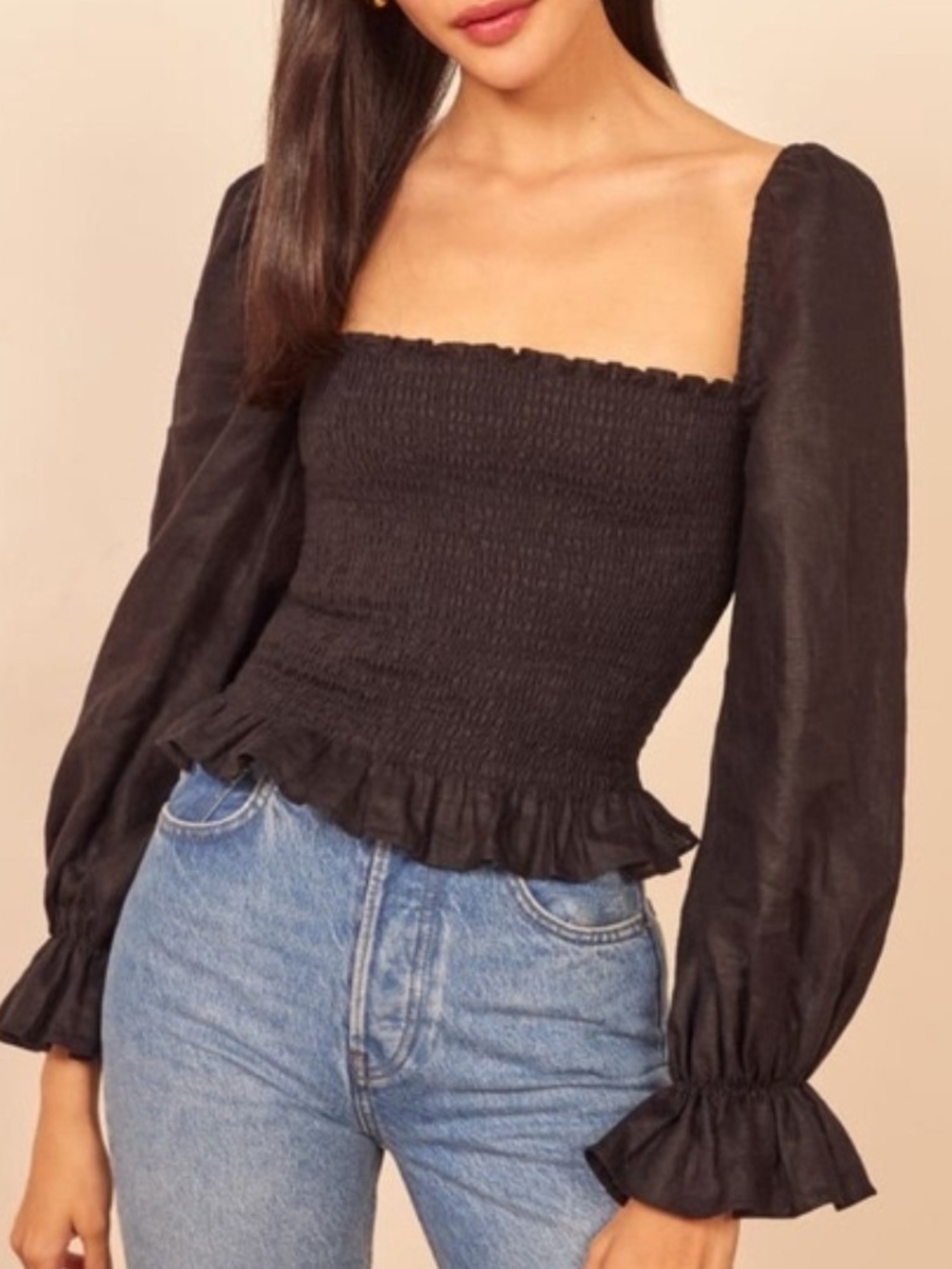 Reformation Tangerine Top In Black Linen Smocked Square-Neck Long-Sleeve Top